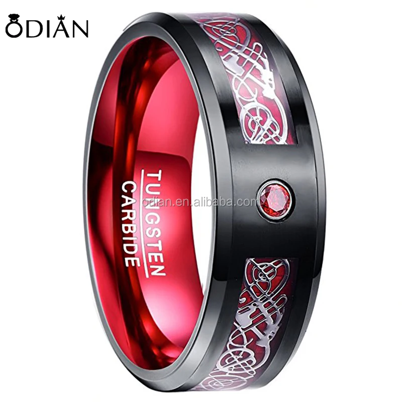 TUNGSTORY 8mm Tungsten Carbide Wedding Band Rings with Silver Celtic Dragon & Red Carbon Fiber Inlay Beveled Edge Comfort Fit Size 6-16
