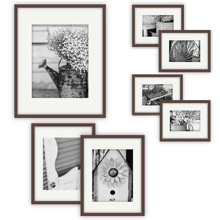 

Perfect 7 Piece Walnut Photo Frame Gallery Wall Kit with Decorative Art Prints & Hanging Template