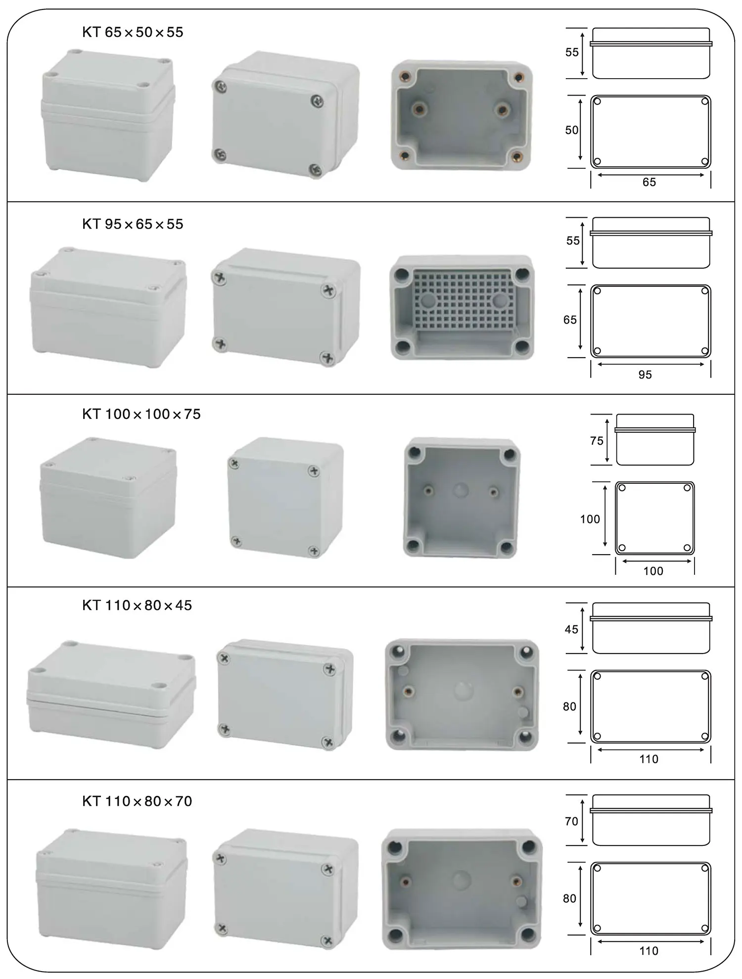 IP67 Waterproof 100x100x75mm 125x125x100mm 175x175x100mm 200x200x130mm ABS or Polycarbonate screw type Electrical Junction Box