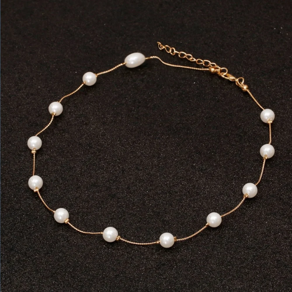 

Wholesale mother of pearl necklace simulated faux pearl metal chain necklace, White