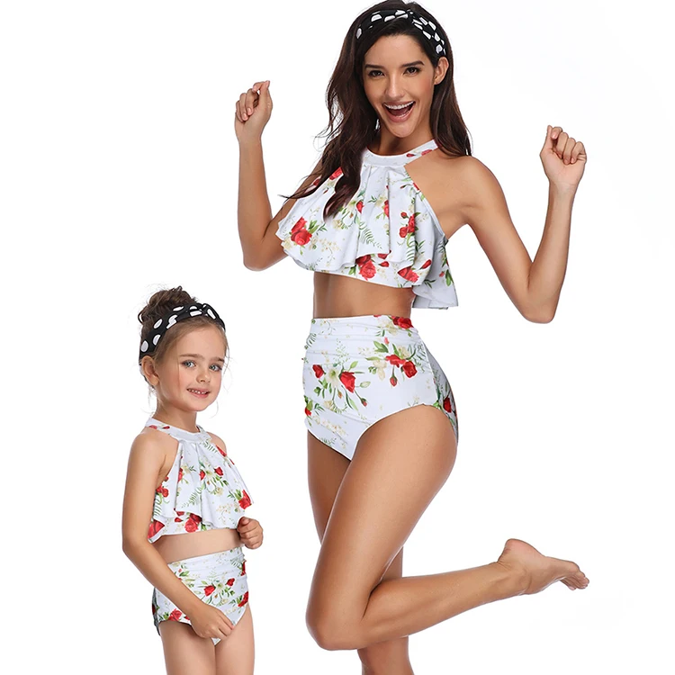 

Sexy White Print Floral Ruffle Double Layer Printing Split Two Piece Set High Waist Comfortable Mother Daughter Swimwear, As picture