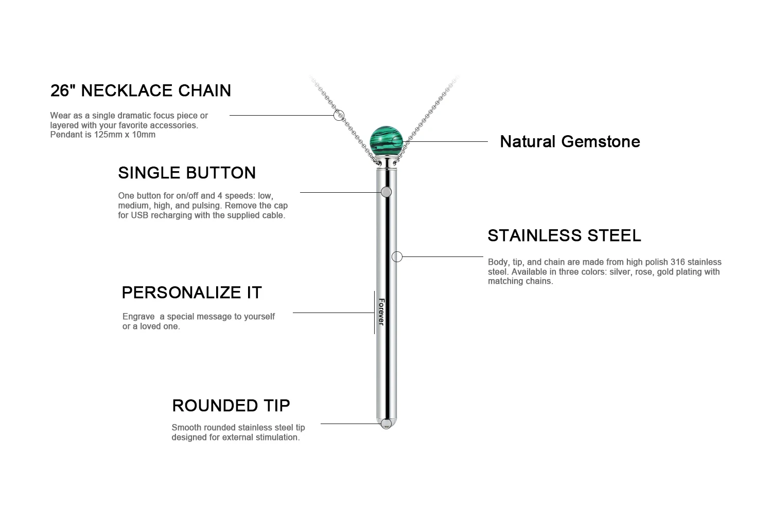 Stainless Steel Rechargeable Multi-Speed Vibrator Necklace Multi-Functional Beauty Equipment