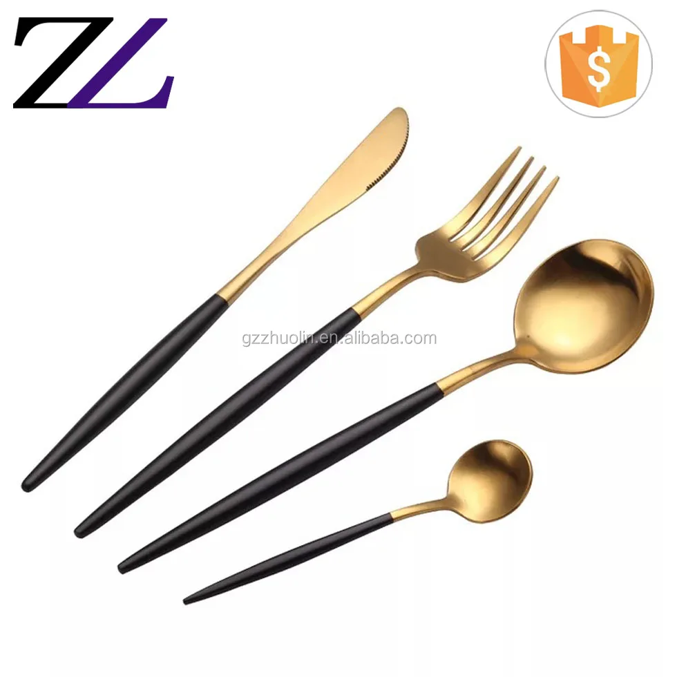 2018 Luxury Cutlery Brands 18/10 Stainless Steel Gold Black Handle Portugal Cutlery Flatware