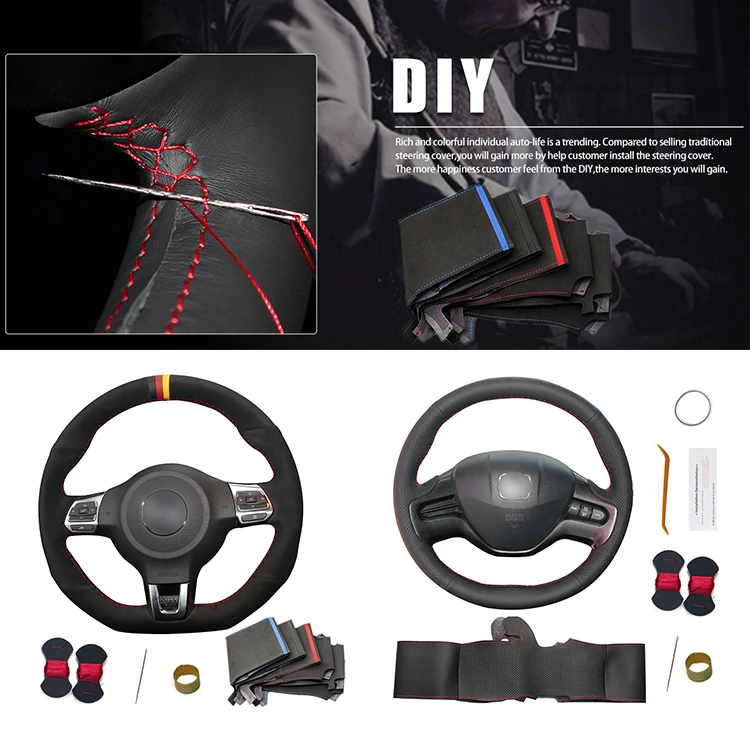 Sew Genuine Leather Black Steering Wheel Cover For Mitsubishi Lancer X 10 ASX Colt 2007 2008 2009 2010 2011 2012 2013 2014 2015