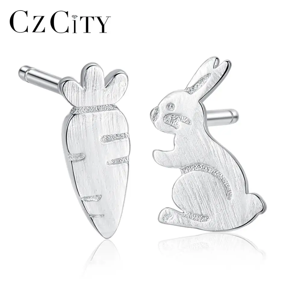 CZCITY S925 Silver Earrings Cute Rabbit Carrot Earrings Brushed Animal Earrings Christmas Gift