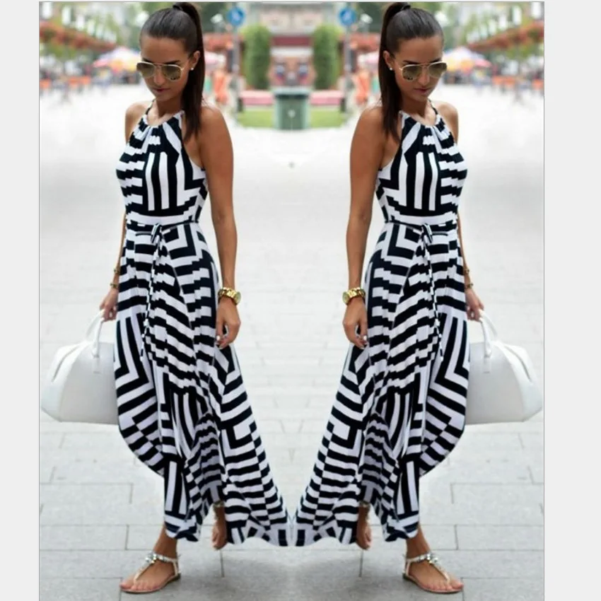 

Best Selling Women Black White Ball Gown Dress Apparel Off Shoulder Halter Geometric Pattern Dress, 8 colors