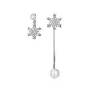 Snow Flake Pearl Dangle Earrings Asymmetric 925 Sterling Silver Korean Style Luxury Fashion for Women