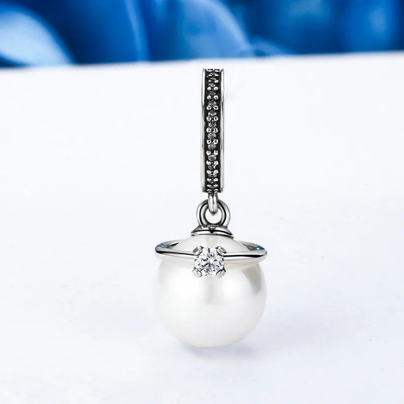 

925 Sterling Silver Imitation Shell Pearl Crown Pendant Charm fit Bracelet Jewelry
