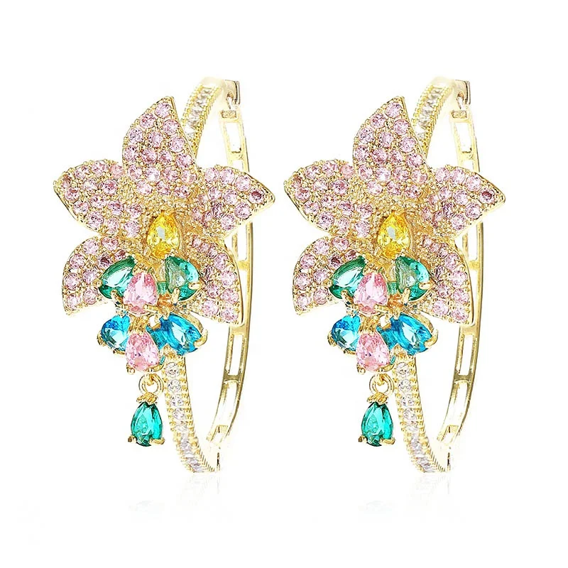 

Luxury Flower Earrings for Women Zircon Round Hoop Earrings Gold Plating Fashion Wedding Jewelry, Gold , colorful
