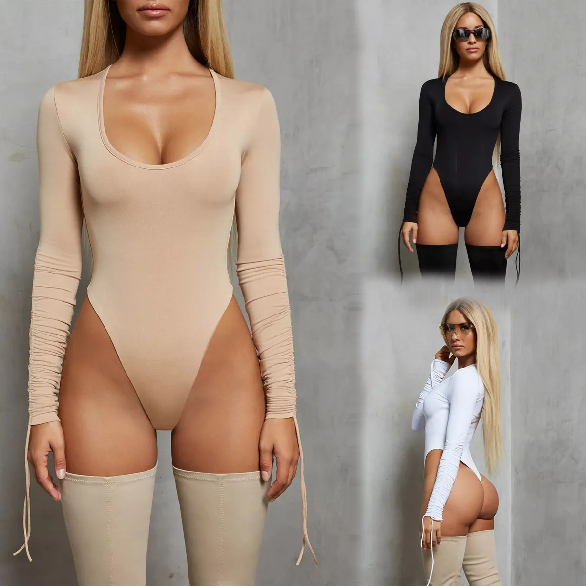 Round Neck High Cut Tight Cotton Girls Fashion Sexy Thong Sexy One Piece TShirt Ladies Ruffle Long Sleeve Women Bodysuit Tops