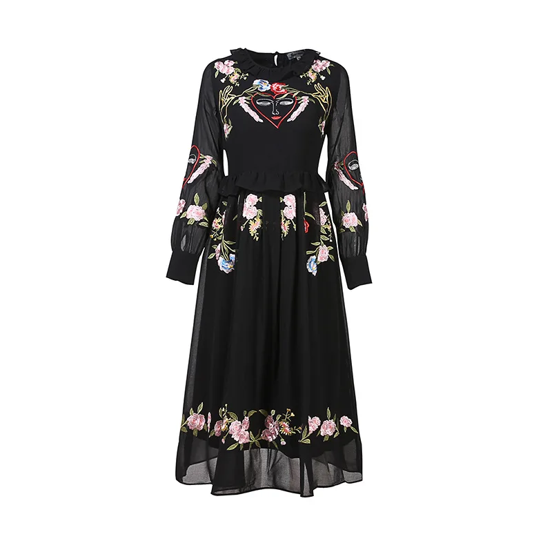 

Wholesale lady fall winter fashionable silk 3D flowers joking face embroidery daily wear womens Lace Dress Christmas party dress