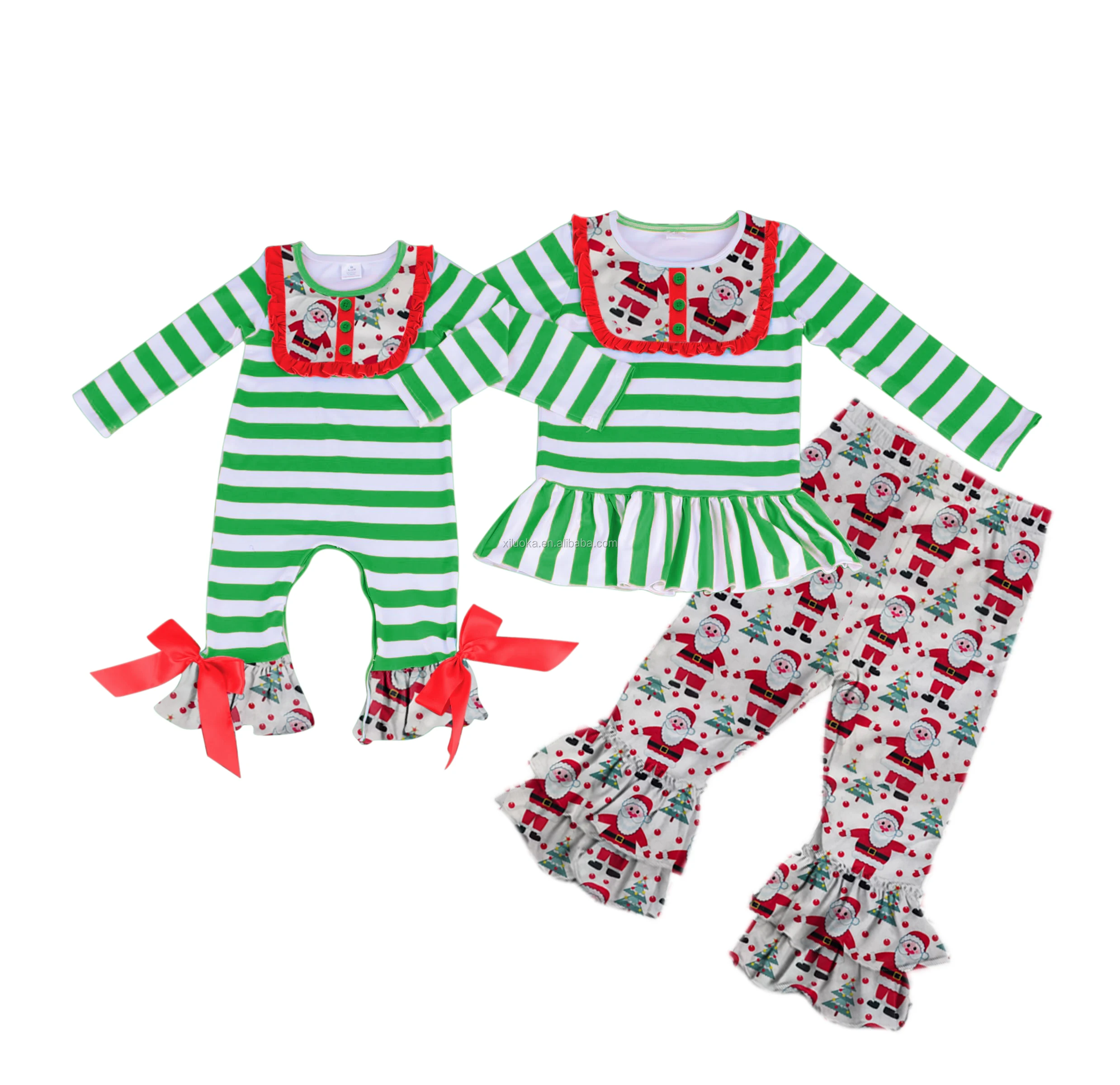 

Christmas Clothes Two Piece Outfits Ruffle Stripe Full Legging Print Santa Girls Outfits, Picture