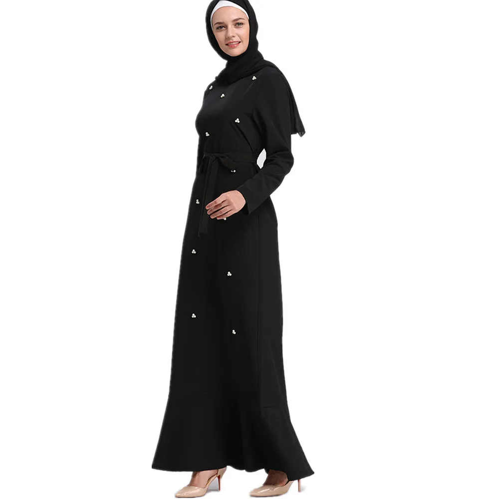 

2019 Fashion Black Pearl Abaya Large Hem Dress For Islamic Women