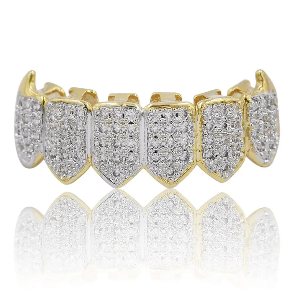 Hip Hop Gold Plated Tooth Grills Diamond Teeth Grillz Top Bottom Ice