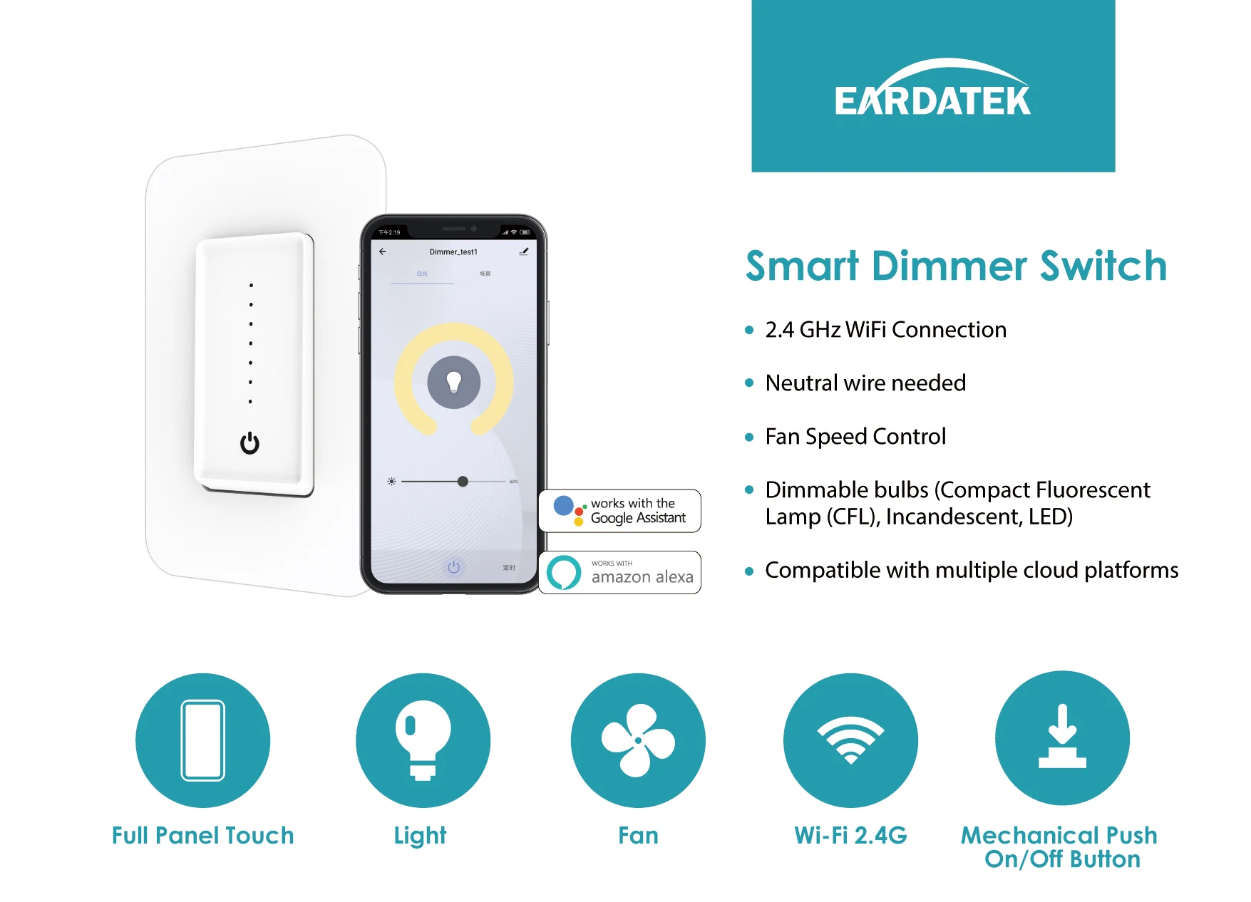 Smart Home Automation Google Assistant Wifi Remote Dimmer With Push