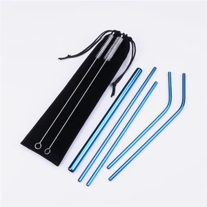 Image of Engraved logo Custom Metal recyclable straw blue stainless steel straw