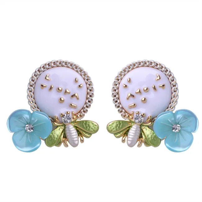 

Wholesale New Arrival Shell Flowers Bee Crystal Stud Earrings Gold Party Wedding Jewelry Insect Enamel Earrings, White;blue;green