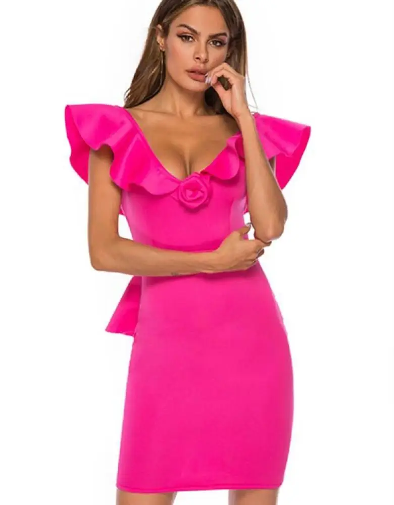 

Women Bodycon Dress Ruffles Deep V Neck Sexy Lady Party Clubwear Dinner Evening Slim Tunic Rose Red Femme Package Hip Robes 2019