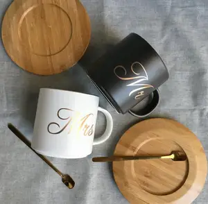 Image of Custom Ceramic Gold Rim Mr and Mrs Couple Mug matte black and white Coffee Mug