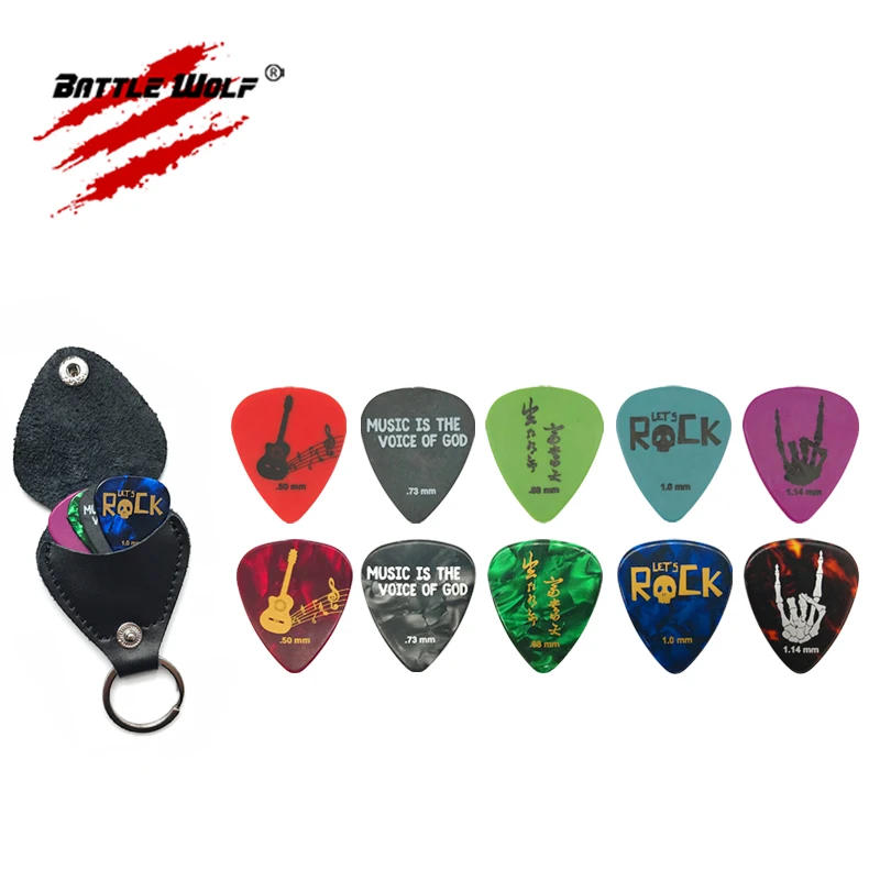 

0.50mm-1.14mm Celluloid and Acetal Material 10pcs Different Designs Guitar Picks Wholesale With a Leather Pick Holder, Colorful