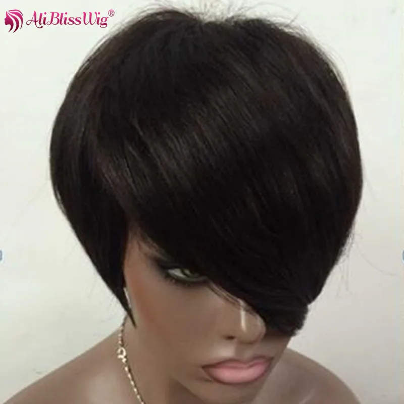 

Cheap 8 Inch short Cut Style Non lace Wigs With Side Bangs 130 Density Malaysian Hair Machine Made Wig For African Americans