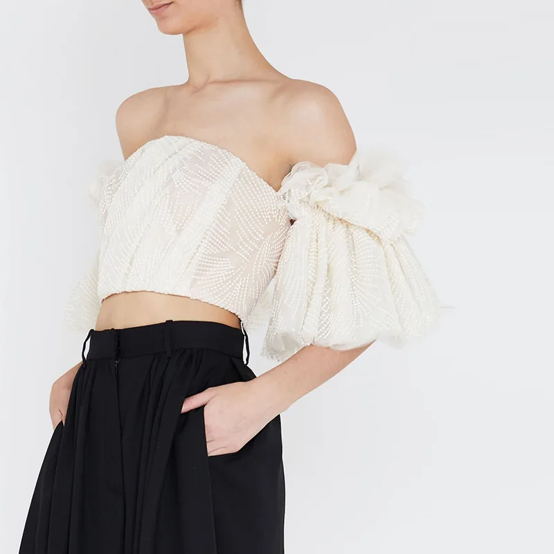 

women Bell Sleeves sexy Off Shoulder puff sleeves lace Decoration Top For Ladies Blouse & Top women, White