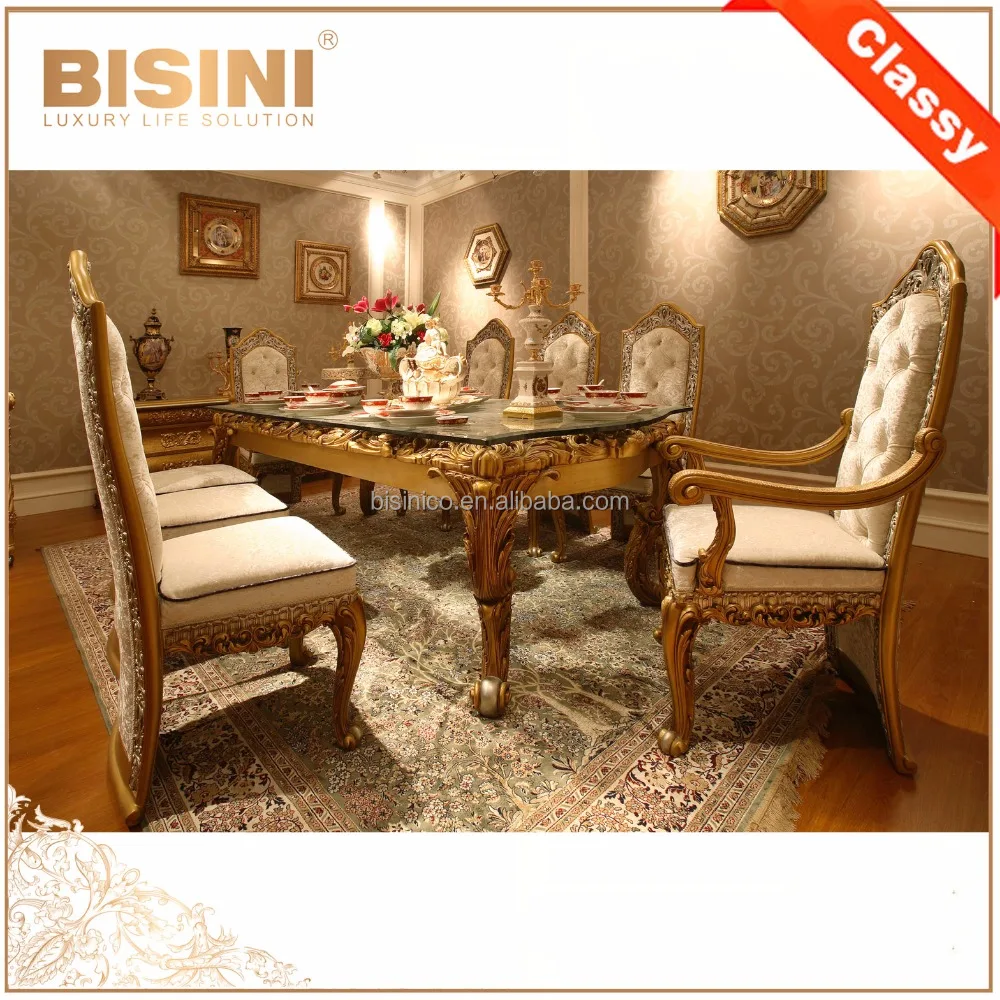Italiaans design hout gesneden gouden eettafel met stoelen/paleis ...