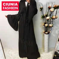 

1696# New design loose bell sleeves full black elegant cardigan with belt for dubai islamic muslim women