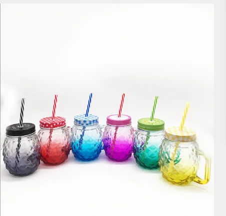 16oz pineapple glass mason jar with lid and straw