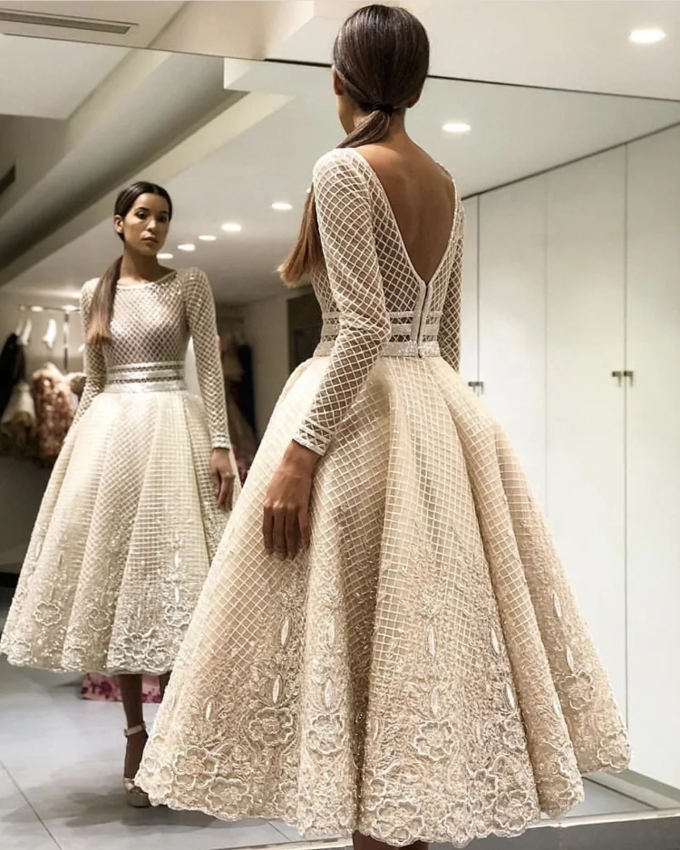 

5308# O-Neck Long Sleeve Backless Champagne A-Line Tea Length Formal Evening Party Prom Dress Evening Dress, Champagne/off white/white