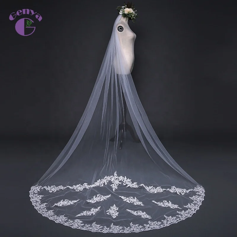 

GENYA Soft Bridal Hair Accessories Lace Long Mantilla Sequins Veil Design Wedding Veils with Comb, White