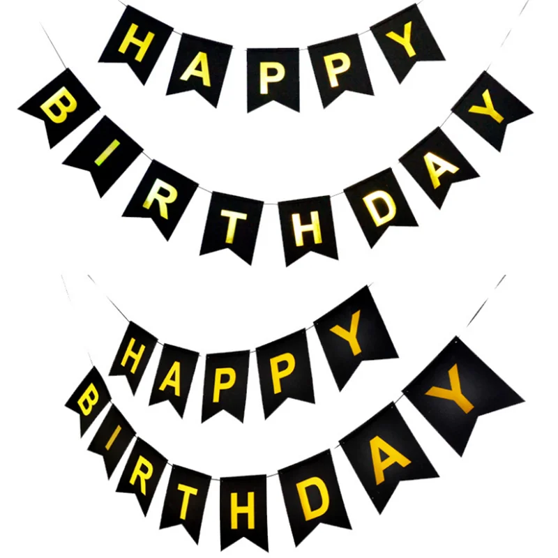 Black Happy Birthday Bunting Banner With Shimmering Gold Letters ...