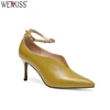 Fashion Trend Ladies Footwear V Shape Ankle Strap High Heels Shoes Genuine Leather Pointed Toe Pumps OEM Shoes