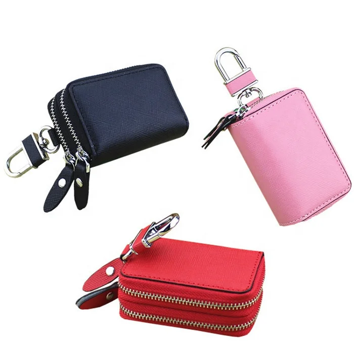 PORRASSO Key Case Genuine Leather Car Key Bag Double Layer Key Zipper Pouch  Portable Car Smart Key Chain for Men Women Purple
