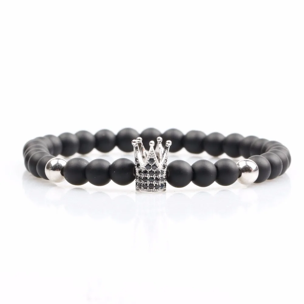 

Luxury round black matte onxy beads bracelet unisex zircon crown bracelet jewelry, Black;silver;gold;rose