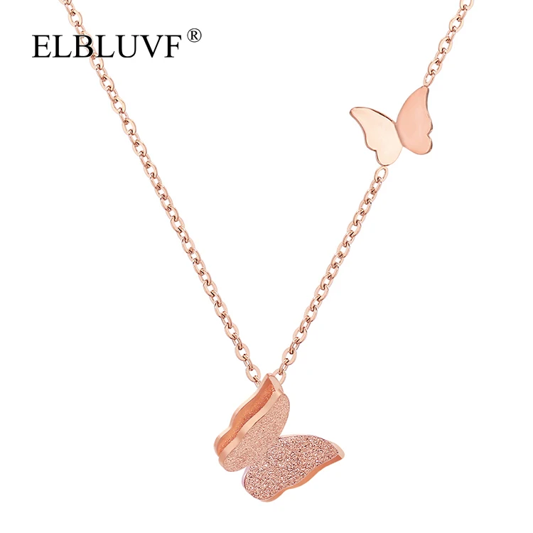 

ELBLUVF Free Shipping 18k Rose Gold Plated Stainless Steel Scrub Women Double Butterfly Necklace Clavicle Chain