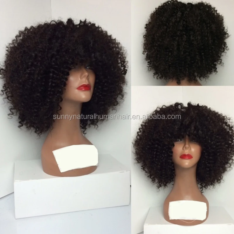 

AliExpress Glueless Kinky Curly peruvian full lace wig with clips human hair wig with full bangs 150 density lace front wig, Natural color #1b
