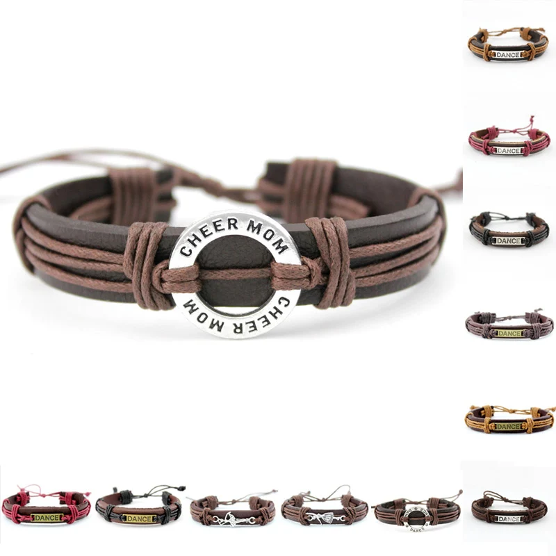 

Adjustable Cheer Mom Dance Calisthenics Stainless Steel Viking Ring Charm Genuine Leather Bracelets, Silver plated