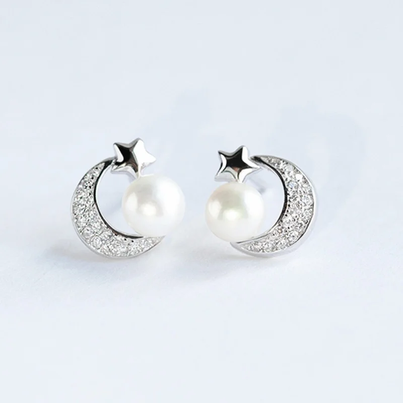 

925 Sterling Silver Star and Moon Stud Earrings Crystal and Pearl Earrings