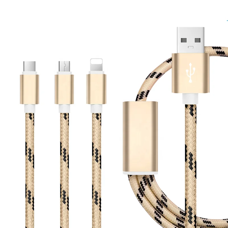 

1.2M 2.4A Fast Charging Braided 3in1 USB Data Charger Cable, Silver/gold/red/rose gold/grey