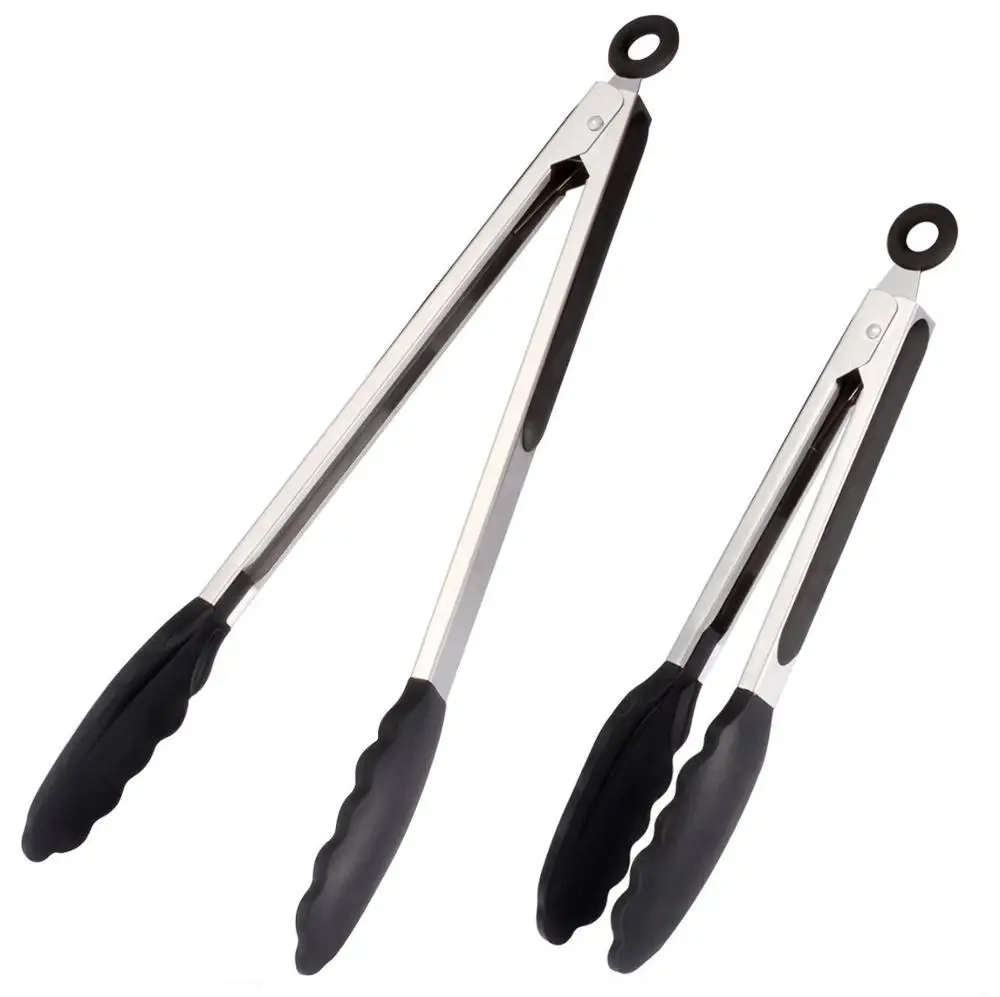 9 Inch And 12 Inch Brushed Stainless Steel Tong Set With Soft Grip ...