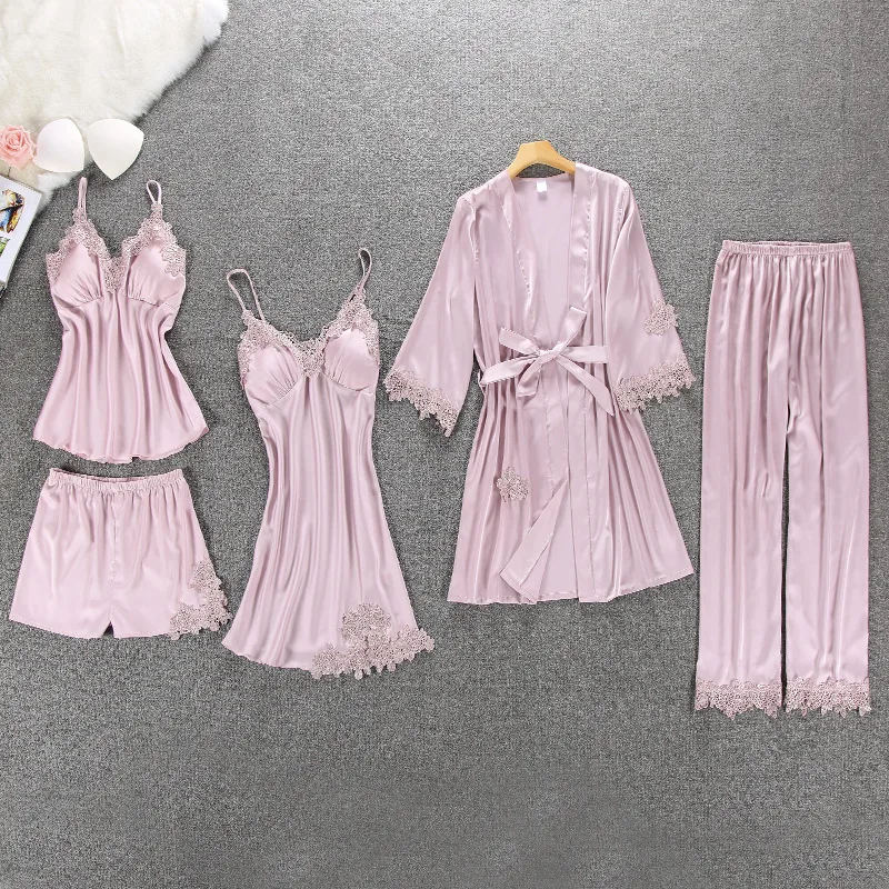 

Pyjamas Women Sleepwear Night Gowns For Women Satin Robe Set Pajamas 5 Pieces Nighty For Honeymoon, 6 colors