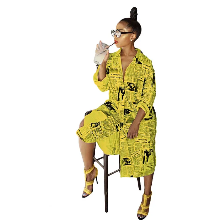 Women printing long dresses long yellow and white shirt dress style enlarge five size newspaper Printing Dress