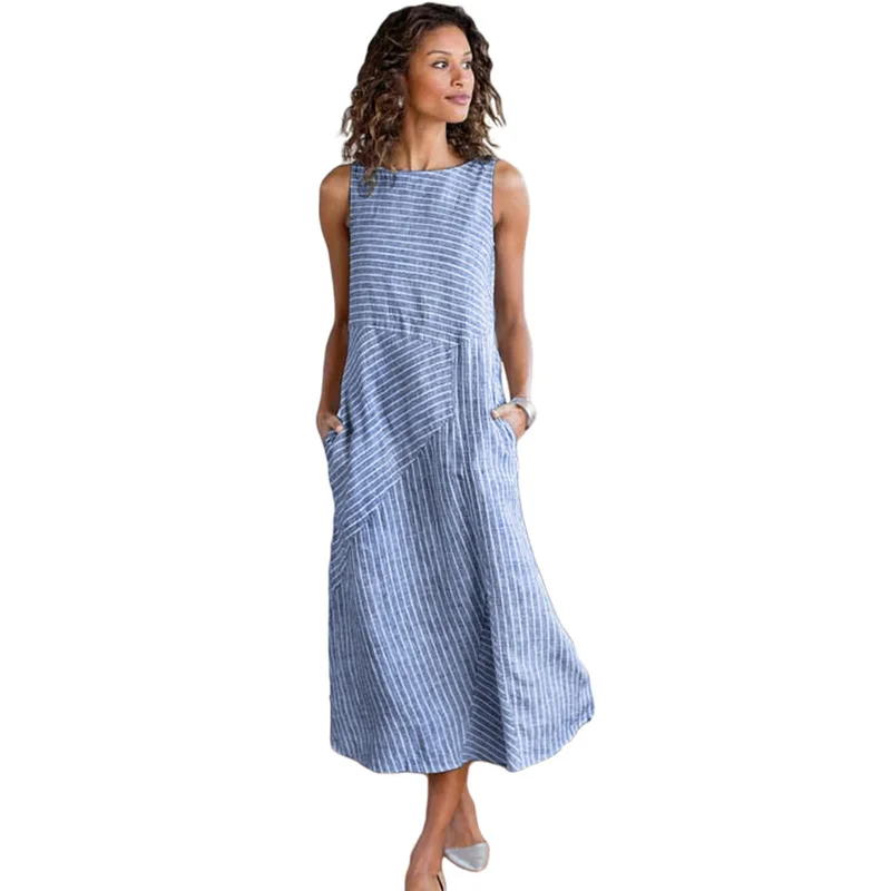 

New Casual Women Crew Neck Striped Shift Daily Maxi Dress, Customized