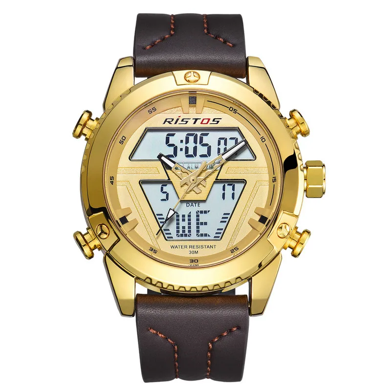 

RISTOS 9368 Men's Fashion&Casual Watch Quartz+Digital Movement LED Leather Band watch, N/a