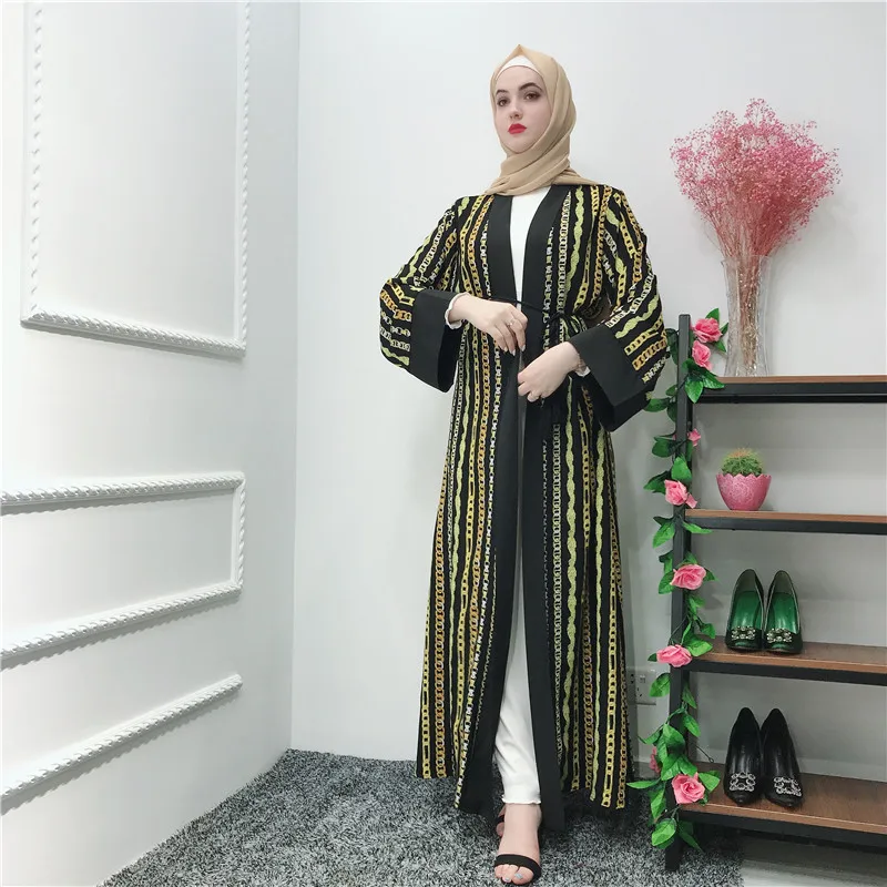 

New printing stripe design front open abaya fashion women muslim dress, Black