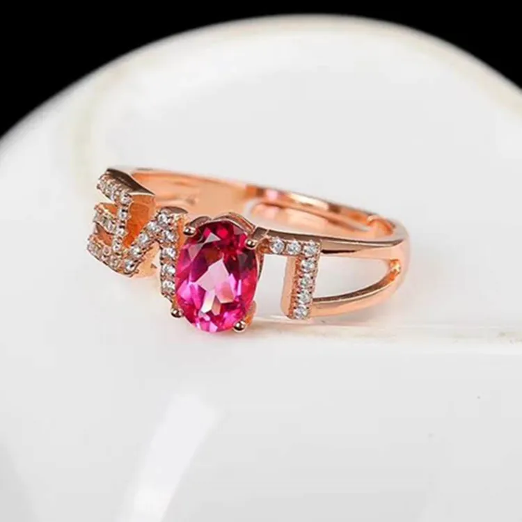 

romantic love statement wedding crystal jewelry 925 sterling silver 18k gold plated natural pink topaz adjustable ring