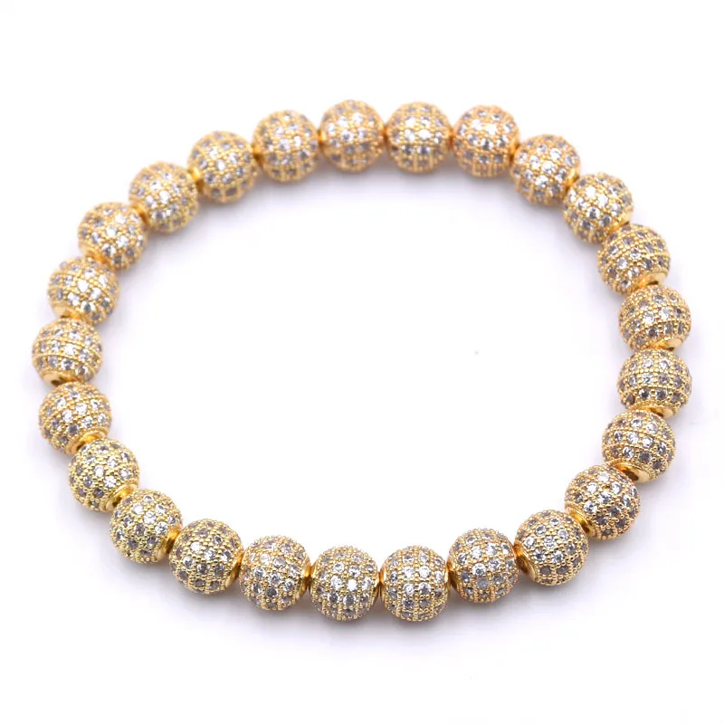

Luxury Men's Micro Pave CZ Ball Bracelets Diamond Stretch Bracelets For Watch Accessories, Gold;rose gold;silver;black