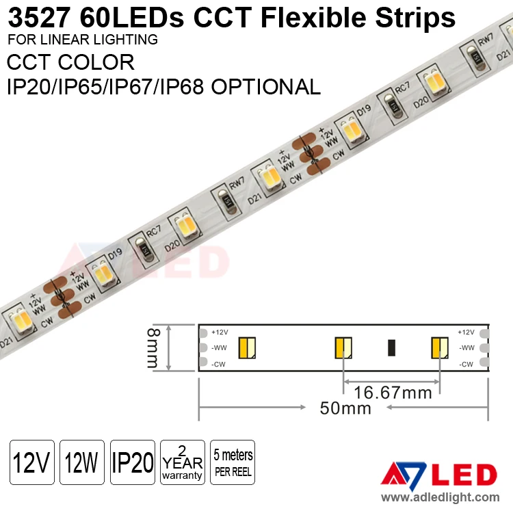 SMD3527 60leds 12v 24v CCT bicolor 2 in 1 temperature adjustable warm white cold white led strip