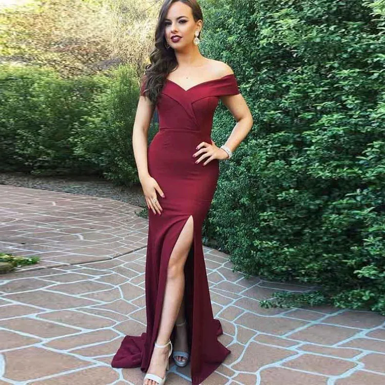 Hot Sale Girls Party Dress Long Slit Side Off Shoulder Sexy Wine